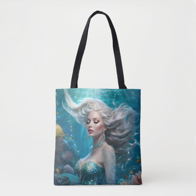 Mermaid Silver Hair Turquoise Ocean Tote Bag (Front)
