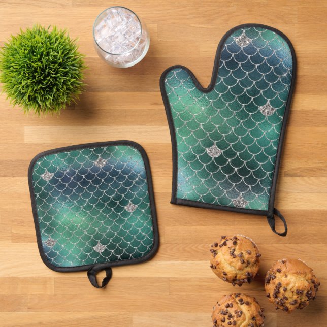Mermaid Silver Teal Green Ocean Glitz Oven Mitt & Pot Holder Set (Top Down)