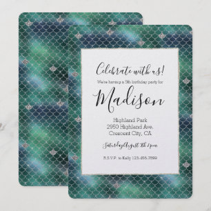 Mermaid Silver Teal Ocean Glitz Birthday Invitation