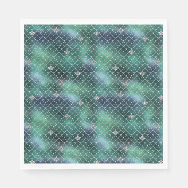 Mermaid Silver Teal Ocean Glitz Napkin (Front)