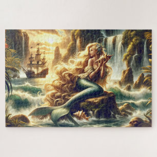 Mermaid Siren Pirate Ship Scene Nautical Decor Jigsaw Puzzle