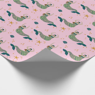 Mermaid Siren Theme Illustration Print Pink Wrapping Paper