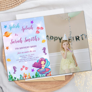 Mermaid Sit on Purple Shell Invitations with photo