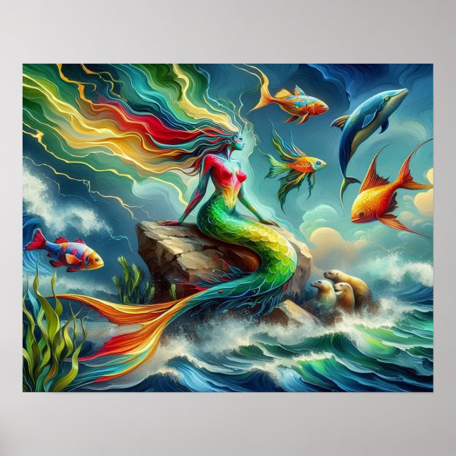 Mermaid Sits on Rock Surrounded by Whimsical 16x20 Poster (Front)
