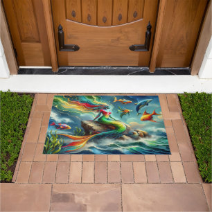 Mermaid Sits on Rock Surrounded by Whimsical 36x24 Doormat