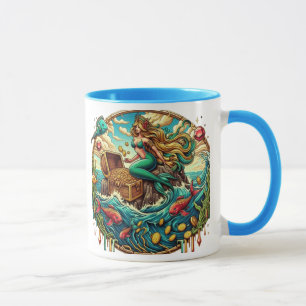 Mermaid sitting on a rock with a open treasured  mug
