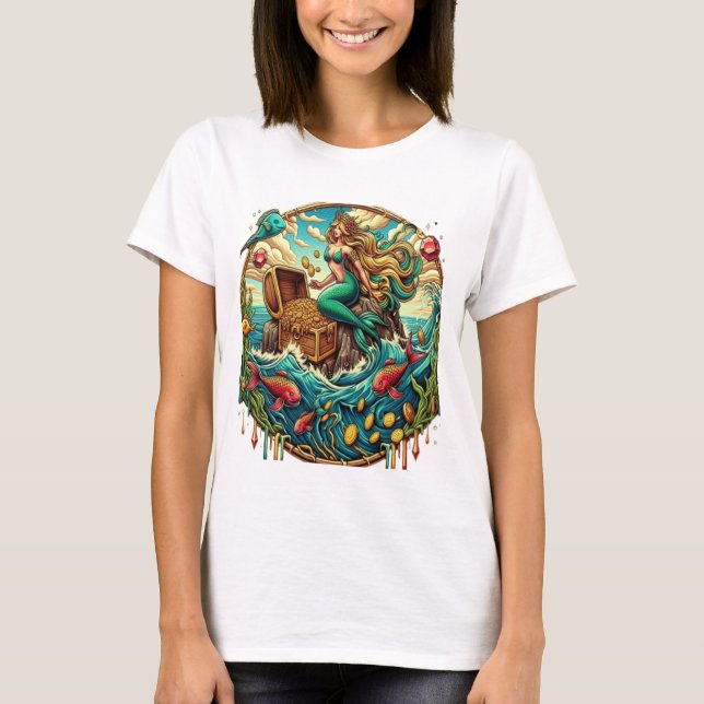 Mermaid sitting on a rock with a open treasured  T-Shirt (Front)