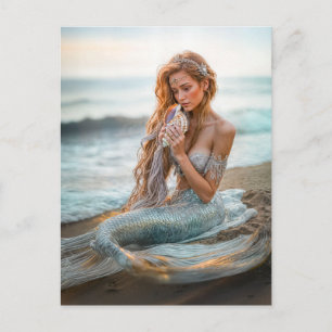 Mermaid Sitting on Ocean beach with shell Holiday Postcard