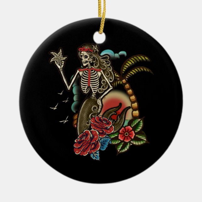 Mermaid Skeleton Traditional Tattoo Old School Hal Ceramic Tree Decoration (Front)