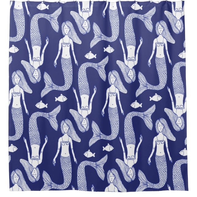 Mermaid Sketch: Vintage Fish Pattern. Shower Curtain (Front)