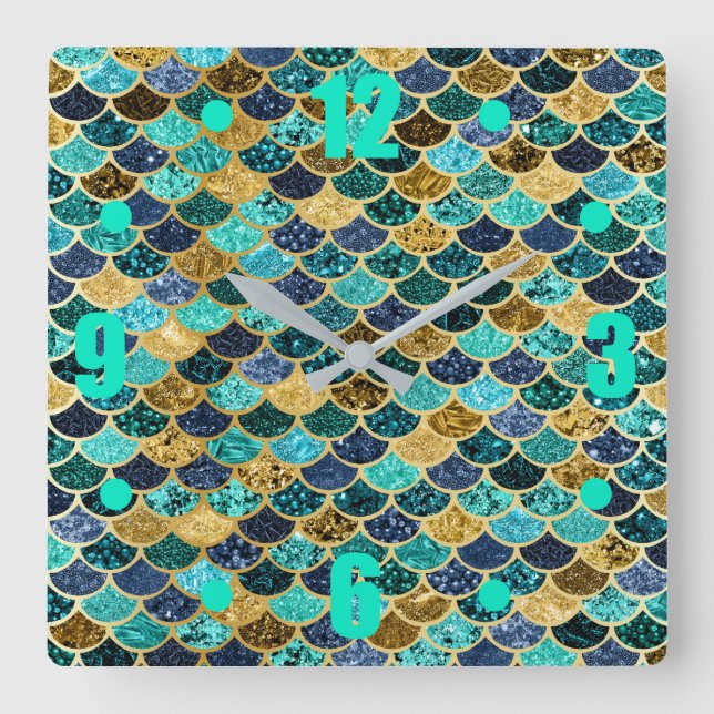 Mermaid Skin Fish Scales Gold Teal Turquoise Square Wall Clock (Front)