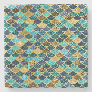Mermaid Skin Fish Scales Gold Teal Turquoise Stone Coaster