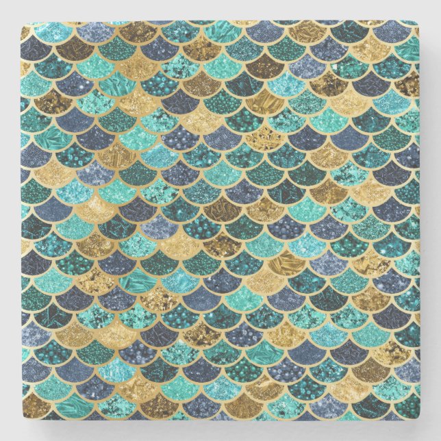 Mermaid Skin Fish Scales Gold Teal Turquoise Stone Coaster (Front)