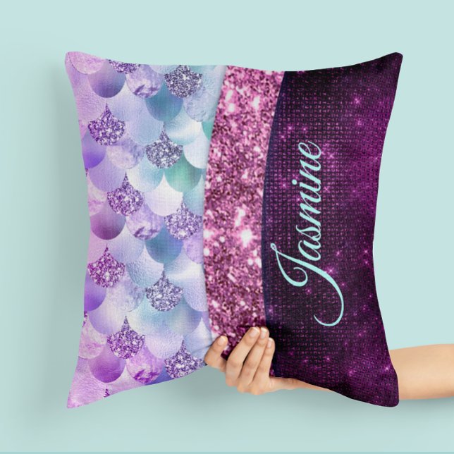 Mermaid skin pink silver faux glitter monogram cushion (Creator Uploaded)