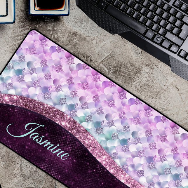 Mermaid skin pink silver faux glitter monogram desk mat (Creator Uploaded)