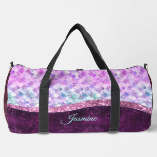Mermaid skin pink silver faux glitter monogram duffle bag
