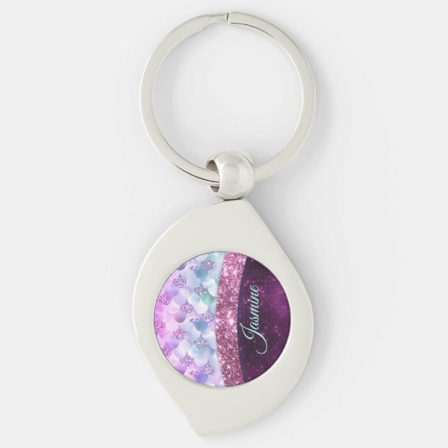 Mermaid skin pink silver faux glitter monogram key ring (Front)