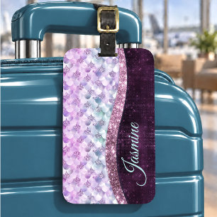 Mermaid skin pink silver faux glitter monogram luggage tag