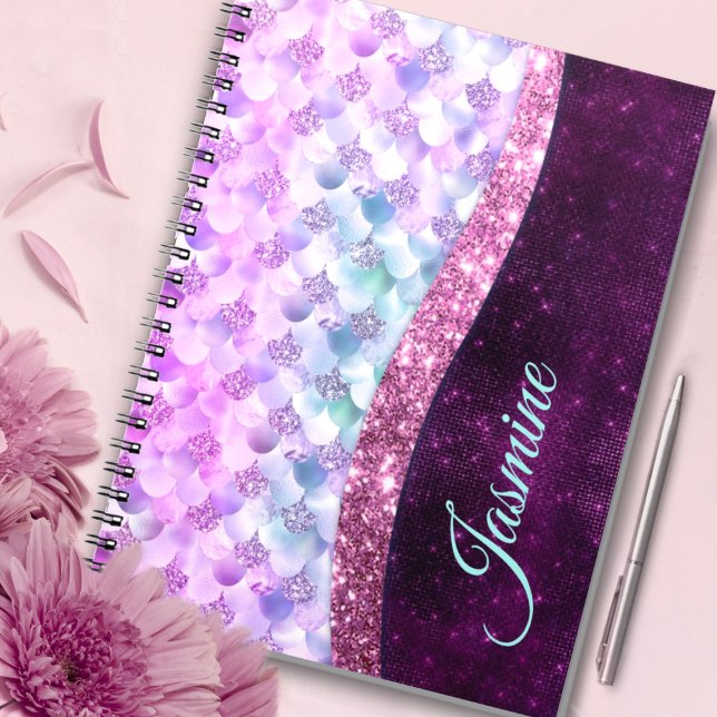Mermaid skin pink silver faux glitter monogram notebook (Creator Uploaded)