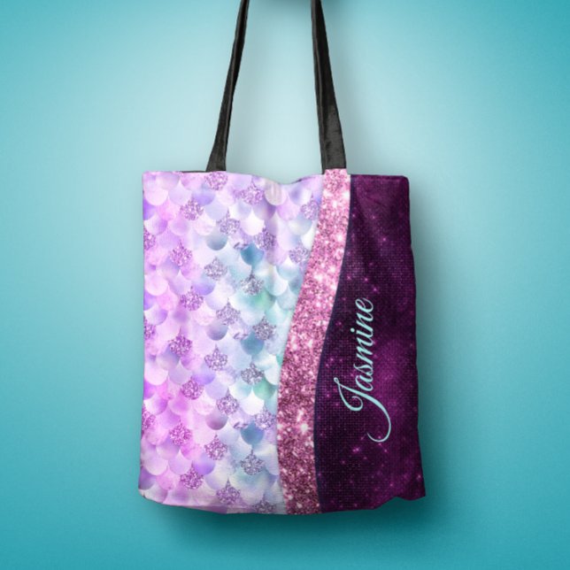 Mermaid skin pink silver faux glitter monogram tote bag (Creator Uploaded)