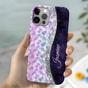 Mermaid skin purple silver faux glitter monogram Case-Mate iPhone 14 case