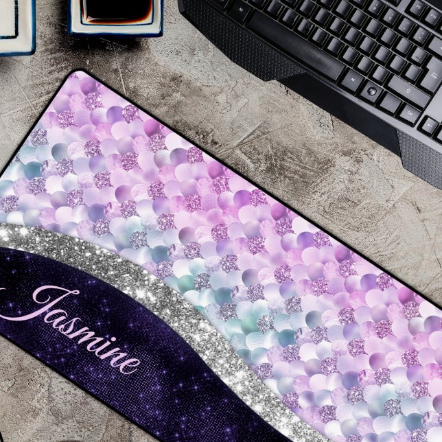Mermaid skin purple silver faux glitter monogram desk mat (Creator Uploaded)