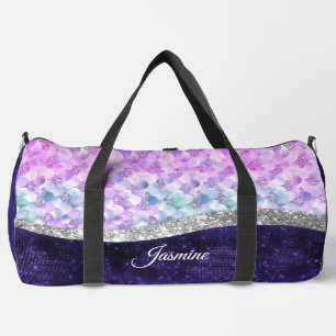 Mermaid skin purple silver faux glitter monogram duffle bag