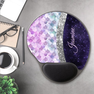 Mermaid skin purple silver faux glitter monogram gel mouse mat