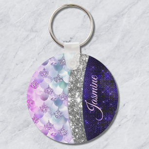 Mermaid skin purple silver faux glitter monogram key ring