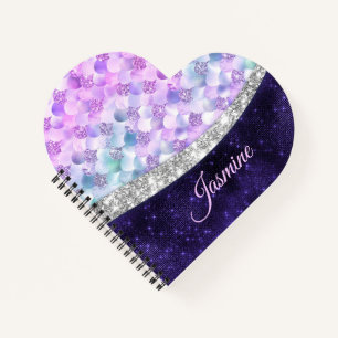 Mermaid skin purple silver faux glitter monogram n notebook
