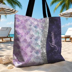 Mermaid skin purple silver faux glitter monogram tote bag