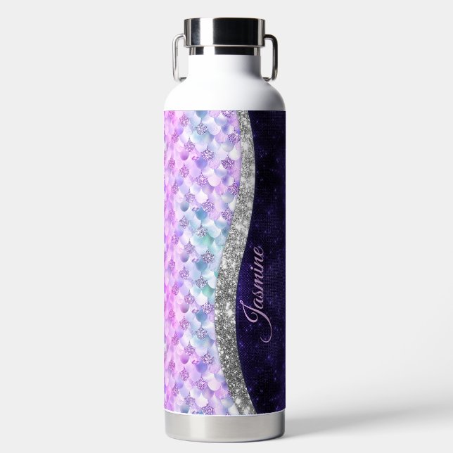 Mermaid skin purple silver faux glitter monogram water bottle (Front)