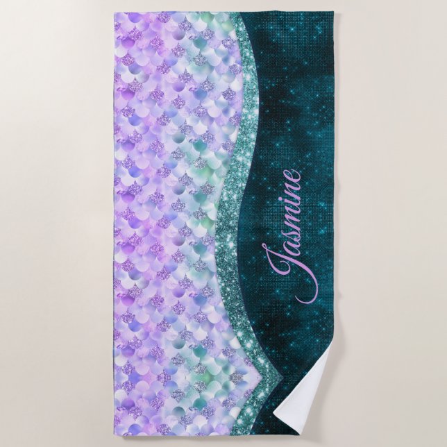 Mermaid skin teal silver faux glitter monogram beach towel (Front)