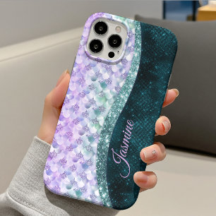 Mermaid skin teal silver faux glitter monogram iPhone 13 case