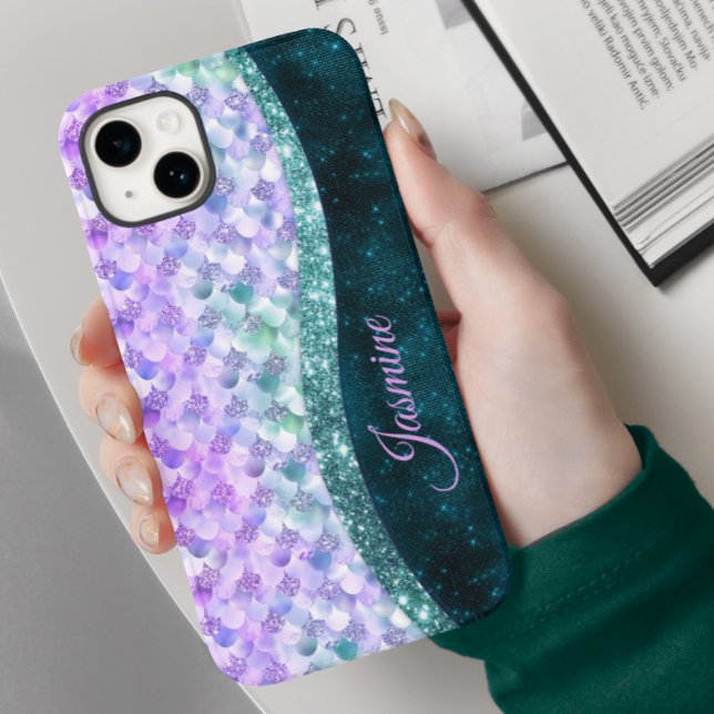 Mermaid skin teal silver faux glitter monogram Case-Mate iPhone case (Creator Uploaded)
