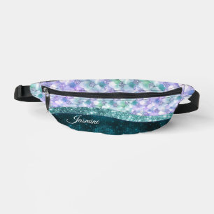 Mermaid skin teal silver faux glitter monogram duf bum bags