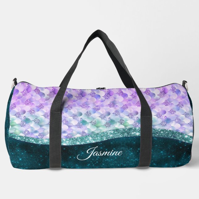 Mermaid skin teal silver faux glitter monogram duffle bag (Front)