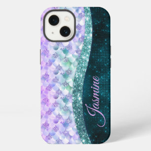 Mermaid skin teal silver faux glitter monogram iPhone 13 case