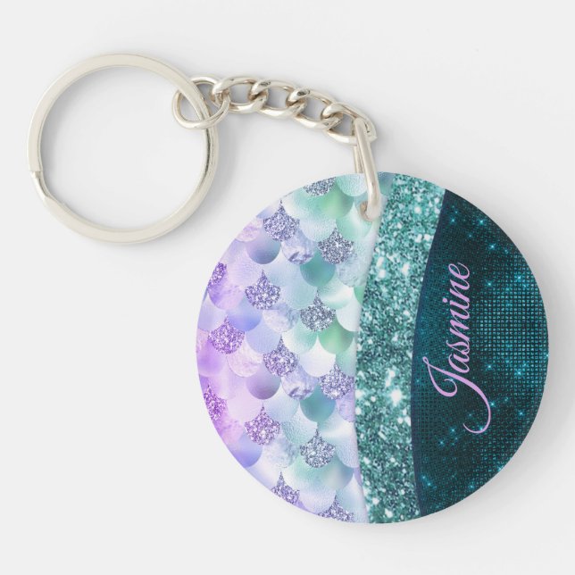 Mermaid skin teal silver faux glitter monogram key ring (Front)