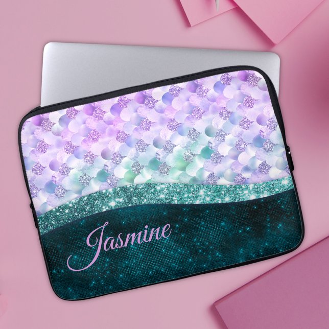Mermaid skin teal silver faux glitter monogram laptop sleeve (Creator Uploaded)
