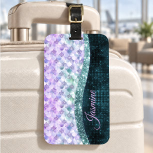 Mermaid skin teal silver faux glitter monogram luggage tag