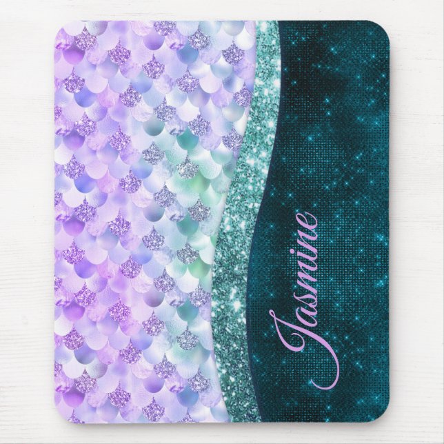 Mermaid skin teal silver faux glitter monogram mouse mat (Front)