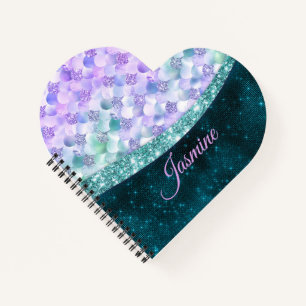 Mermaid skin teal silver faux glitter monogram not notebook