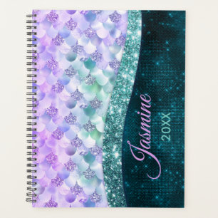 Mermaid skin teal silver faux glitter monogram pla planner
