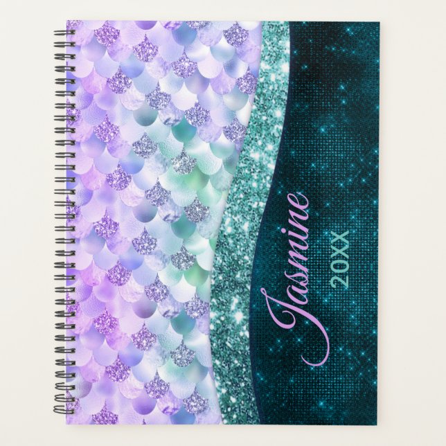 Mermaid skin teal silver faux glitter monogram pla planner (Front)