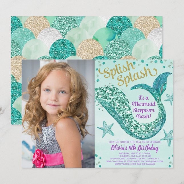Mermaid sleepover birthday party photo invitation (Front/Back)