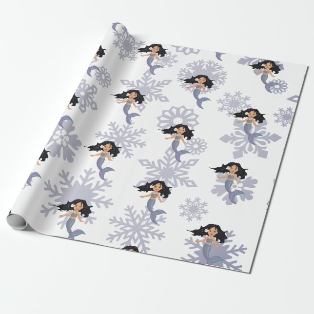 Mermaid Snowflake Christmas Silver Wrapping Paper (Unrolled)