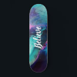 Mermaid Splash Abstract Believe Skateboard<br><div class="desc">Mermaid Splash is an abstract piece of art filled with pinks, purples and blues. This design is just a flash of colour. I have added the word believe as you should always Believe in yourself. If you don't like the text, don't worry, you can change the text to make this...</div>