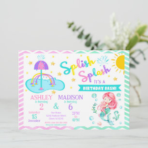 Mermaid & Splash Pad Joint Birthday   Water Park Invitation