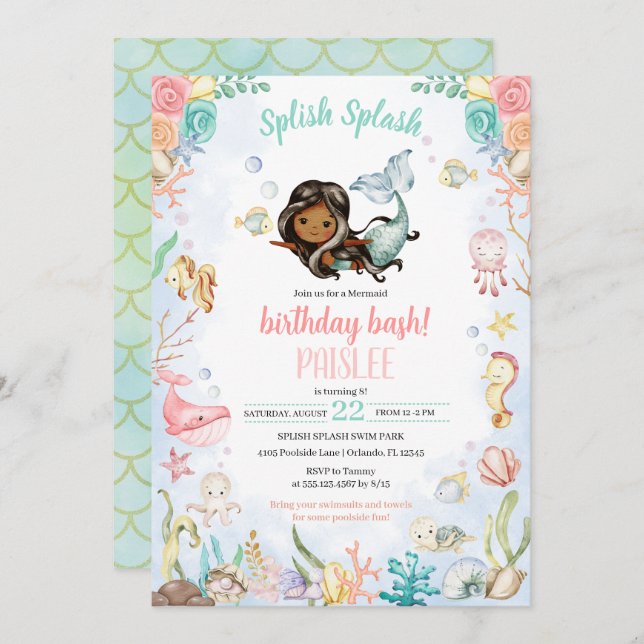 Mermaid Splash Under The Sea Pool Party Birthday Invitation (Front/Back)